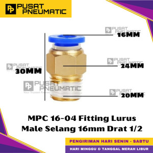 [EZM.9500449] MPC 16-04 One Touch Male Thread Straight Fitting Slip Lock Socket Push In Connector Nipple Nepel Fitting Lurus Pneumatic Type PC Drat Luar Selang 16mm Drat 1/2" Inch