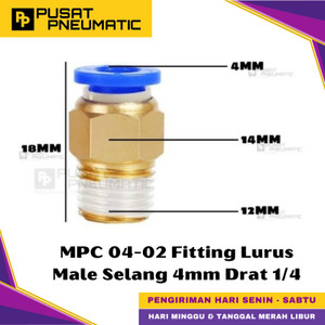 [EZM.9500451] MPC 4-02 One Touch Male Thread Straight Fitting Slip Lock Socket Push In Connector Nipple Nepel Fitting Lurus Pneumatic Type PC Drat Luar Selang 4mm Drat 1/4" Inch