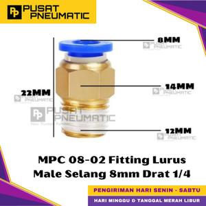 [EZM.9500453] MPC 8-02 One Touch Male Thread Straight Fitting Slip Lock Socket Push In Connector Nipple Nepel Fitting Lurus Pneumatic Type PC Drat Luar Selang 8mm Drat 1/4" Inch