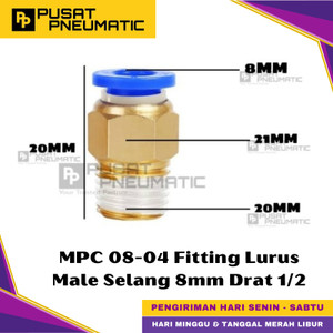 [EZM.9500455] MPC 8-04 One Touch Male Thread Straight Fitting Slip Lock Socket Push In Connector Nipple Nepel Fitting Lurus Pneumatic Type PC Drat Luar Selang 8mm Drat 1/2" Inch