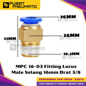 [EZM.9500457] MPC 16-03 One Touch Male Thread Straight Fitting Slip Lock Socket Push In Connector Nipple Nepel Fitting Lurus Pneumatic Type PC Drat Luar Selang 16mm Drat 3/8" Inch