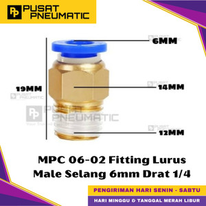 [EZM.9500458] MPC 6-02 One Touch Male Thread Straight Fitting Slip Lock Socket Push In Connector Nipple Nepel Fitting Lurus Pneumatic Type PC Drat Luar Selang 6mm Drat 1/4" Inch