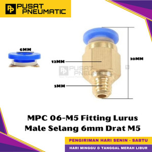 [EZM.9500459] MPC 6-M5 One Touch Male Thread Straight Fitting Slip Lock Socket Push In Connector Nipple Nepel Fitting Lurus Pneumatic Type PC Drat Luar Selang 6mm Drat M5 (5mm)
