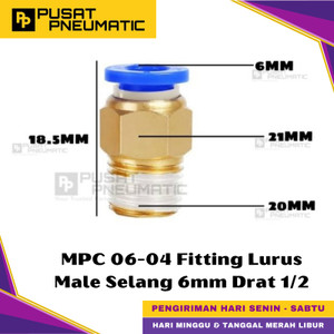 [EZM.9500462] MPC 6-04 One Touch Male Thread Straight Fitting Slip Lock Socket Push In Connector Nipple Nepel Fitting Lurus Pneumatic Type PC Drat Luar Selang 6mm Drat 1/2" Inch