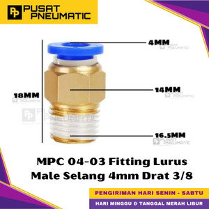 [EZM.9500463] MPC 4-03 One Touch Male Thread Straight Fitting Slip Lock Socket Push In Connector Nipple Nepel Fitting Lurus Pneumatic Type PC Drat Luar Selang 4mm Drat 3/8" Inch