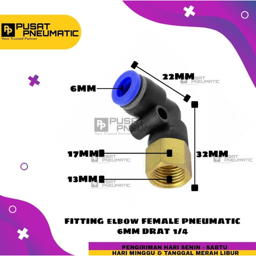 [EZM.9502398] PLF 6-02 FITTING ELBOW PNEUMATIC FEMALE SELANG 6MM DRAT 1/4"