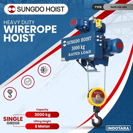 [EZM.1010204] Wire Rope Hoist SUNGDO SM3-H6-MH Monorail Single Speed 3 Ton