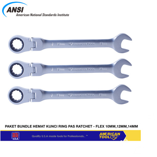 [EZM.2400020] Paket Bundling 3Pcs kunci Ring pas Ratchet Flexible 10,12,14mm American Tool