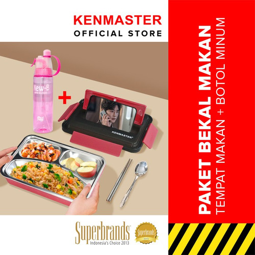[EZM.2500018] PAKET HEMAT - Kotak Makan 3 Sekat + Botol Minum Spray 600ML - BUND-0238