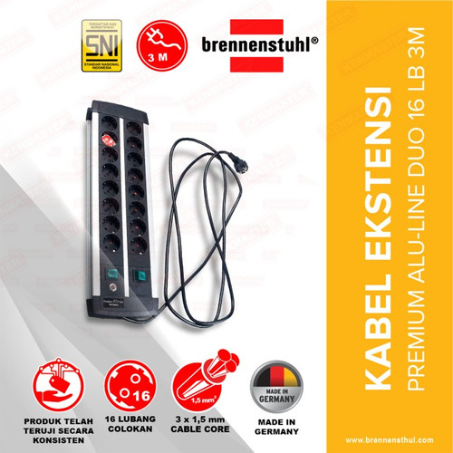 [EZM.2500024] Brennenstuhl Stop Kontak 16 Lubang Premium Alu Line Technics Duo 3 Meter / Stopkontak / Colokan Listrik / Terminal Listrik / Kabel Sambung / Colokan Sambung
