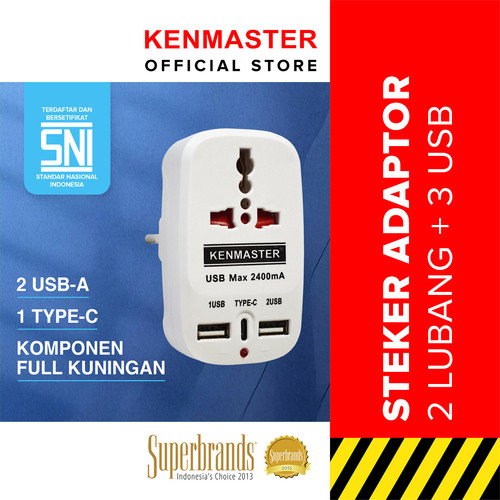 [EZM.2500035] Kenmaster Type C USB Steker - 2 Lubang + 3 USB / Colokan Listrik / Colokan Saklar - STEK106