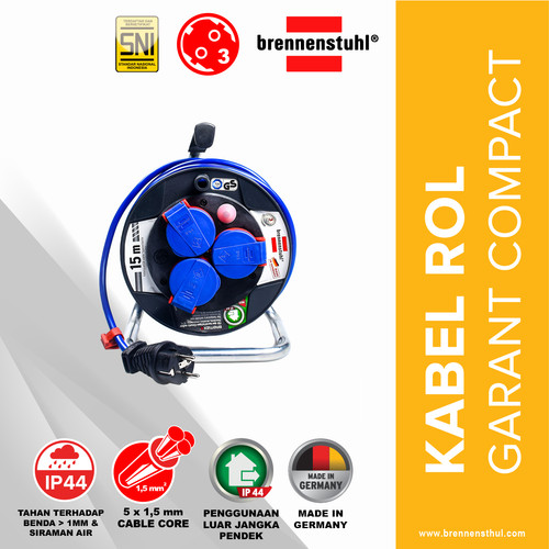 [EZM.2500508] Brennenstuhl Kabel Roll 15 Meter Garant Compact IP44 -KBRL044-1079850 / Kabel Roll 3 Lubang / Colokan Listrik / Teriminal Listrik / Kabel Sambung / Colokan Sambung