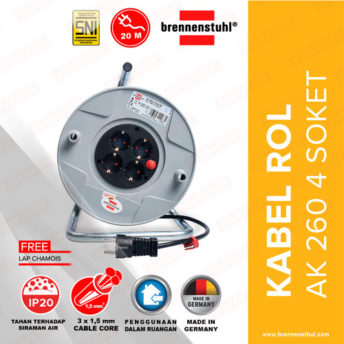 [EZM.2500509] Brennenstuhl Kabel Roll 20 Meter AK 260 -KBRL047-1098068001 / Kabel Roll 4 Lubang / Colokan Listrik / Teriminal Listrik / Kabel Sambung / Colokan Sambung