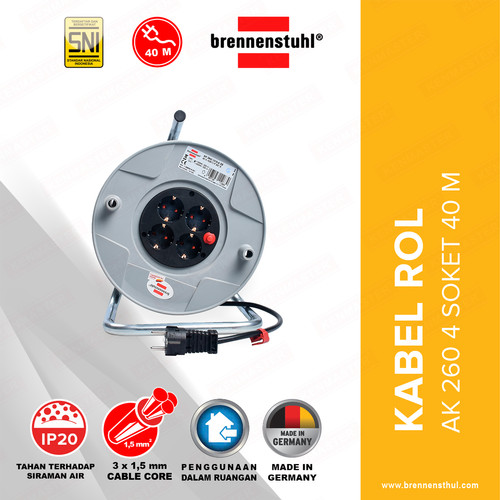 [EZM.2500510] Brennenstuhl Kabel Roll 40 Meter AK 260 -KBRL046-1098058001 / Kabel Roll 4 Lubang / Colokan Listrik / Teriminal Listrik / Kabel Sambung / Colokan Sambung