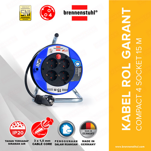 [EZM.2500511] Brennenstuhl Kabel Roll 15 Meter Garant -KBRL048-1079180004 / Kabel Roll 4 Lubang / Colokan Listrik / Teriminal Listrik / Kabel Sambung / Colokan Sambung