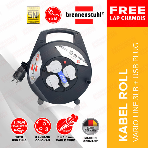[EZM.2500515] Brennenstuhl Kabel Roll 10 Meter Vario Line USB Charger - KBRL051 / Kabel Roll 3 Lubang / Colokan Listrik / Teriminal Listrik / Kabel Sambung / Colokan Sambung