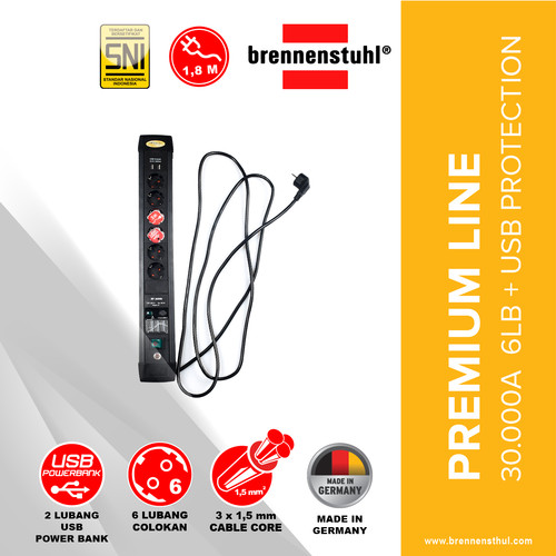 [EZM.2500528] Brennenstuhl Stop Kontak 6 Lubang + 2 Lubang USB Premium Line 30.000A Surge Protection Adaptor 3 Meter / Surge Protector / Colokan Anti Petir / Colokan Listrik Anti Petir / Terminal Listrik / Stopkontak / Kabel Sambung / Colokan Sambung