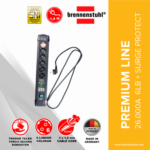 [EZM.2500529] Brennenstuhl Stop Kontak 6 Lubang Premium Line 26.000A Surge Protection Adaptor 1,8 Meter / Surge Protector / Colokan Anti Petir / Colokan Listrik Anti Petir / Terminal Listrik / Stopkontak / Kabel Sambung / Colokan Sambung
