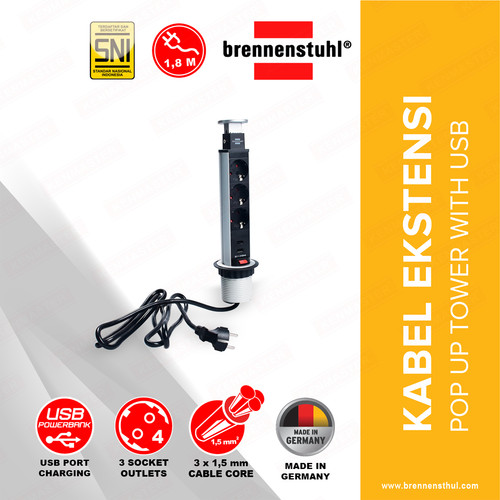 [EZM.2500530] Brennenstuhl Kabel Ekstensi 2 Meter Pop Up Tower With USB / Kabel Extension / Colokan Listrik / Terminal Listrik / Stop Kontak / Stopkontak