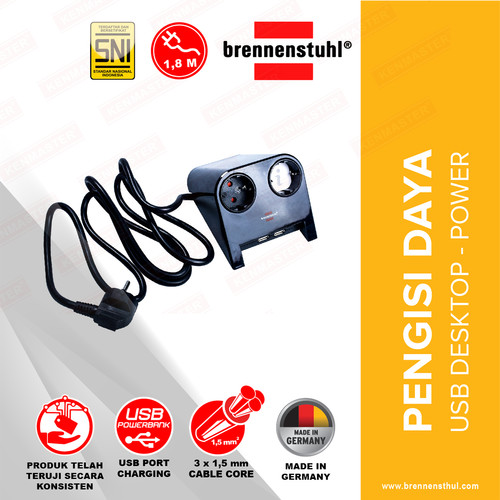 [EZM.2500531] Brennenstuhl Desktop Charger Power 2 Lubang + USB / Charger Desktop / Casan Desktop - Black