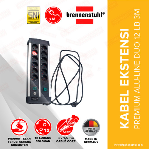 [EZM.2500532] Brennenstuhl Stop Kontak 12 Lubang Premium Alu Line Technics Duo 3 Meter / Stopkontak / Colokan Listrik / Terminal Listrik / Kabel Sambung / Colokan Sambung