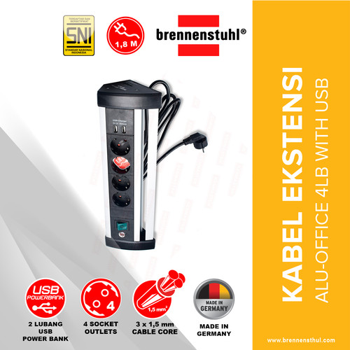 [EZM.2500533] Brennenstuhl Stop Kontak 4 Lubang + 2 Lubang USB Alu Office Line 1,8 Meter Hitam / Stopkontak / Colokan Listrik / Terminal Listrik / Kabel Sambung / Colokan Sambung