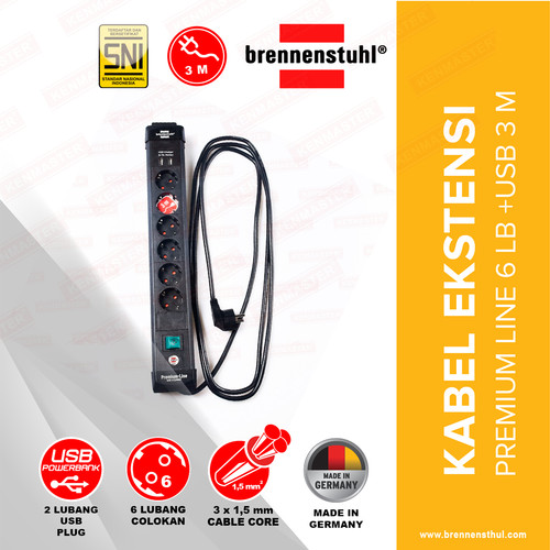 [EZM.2500534] Brennenstuhl Stop Kontak 6 Lubang + 2 Lubang USB Premium Line 3 Meter Hitam / Stopkontak / Colokan Listrik / Terminal Listrik / Kabel Sambung / Colokan Sambung
