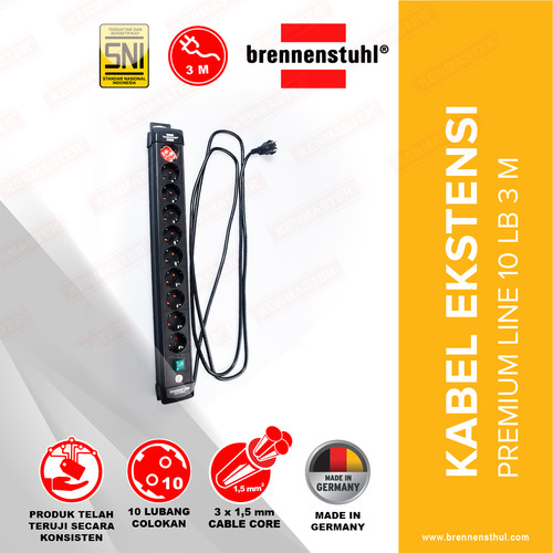 [EZM.2500536] Brennenstuhl Stop Kontak 10 Lubang Premium Alu Line 3 Meter Black / Stopkontak / Colokan Listrik / Terminal Listrik / Kabel Sambung / Colokan Sambung