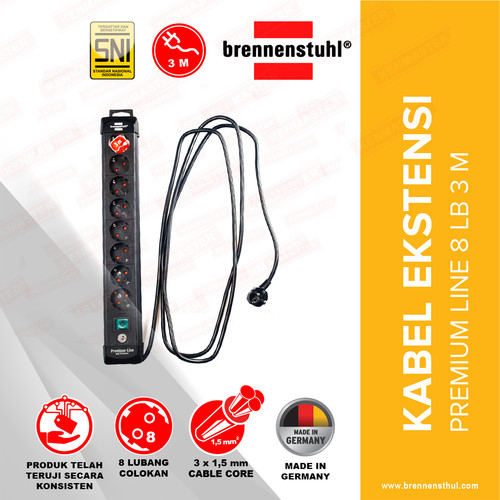 [EZM.2500537] Brennenstuhl Stop Kontak 8 Lubang Premium Line 3 Meter / Stopkontak / Colokan Listrik / Terminal Listrik / Kabel Sambung / Colokan Sambung