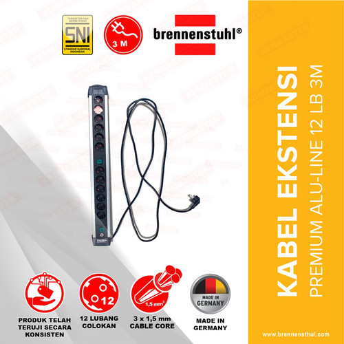 [EZM.2500539] Brennenstuhl Stop Kontak 12 Lubang Premium Alu Line Technics Switch 3 Meter / Stopkontak / Colokan Listrik / Terminal Listrik / Kabel Sambung / Colokan Sambung