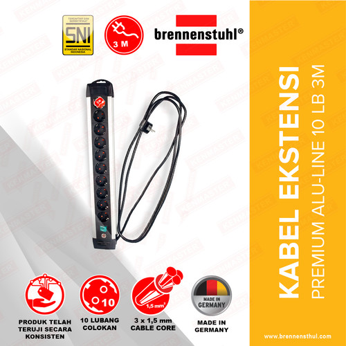 [EZM.2500540] Brennenstuhl Stop Kontak 10 Lubang Premium Alu Line Switch 3 Meter Black / Stopkontak / Colokan Listrik / Terminal Listrik / Kabel Sambung / Colokan Sambung