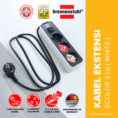 [EZM.2500580] Brennenstuhl Stop Kontak 3 Lubang Ecolor Switch 1,5 Meter Putih / Stopkontak / Colokan Listrik / Terminal Listrik / Kabel Sambung / Colokan Sambung