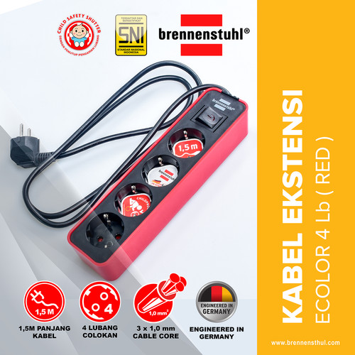 [EZM.2500581] Brennenstuhl Stop Kontak 4 Lubang Ecolor Switch 1,5 Meter Merah / Stopkontak / Colokan Listrik / Terminal Listrik / Kabel Sambung / Colokan Sambung