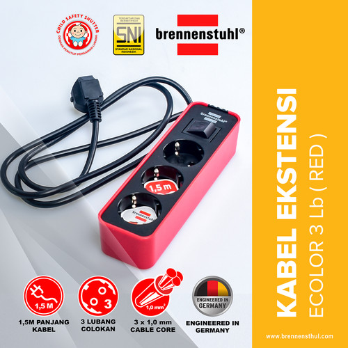 [EZM.2500582] Brennenstuhl Stop Kontak 3 Lubang Ecolor Switch 1,5 Meter Merah / Stopkontak / Colokan Listrik / Terminal Listrik / Kabel Sambung / Colokan Sambung