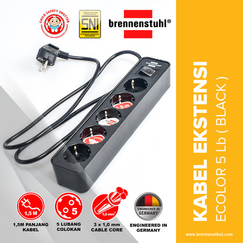 [EZM.2500583] Brennenstuhl Stop Kontak 5 Lubang Ecolor Switch 1,5 Meter Hitam / Stopkontak / Colokan Listrik / Terminal Listrik / Kabel Sambung / Colokan Sambung