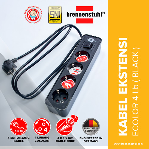 [EZM.2500584] Brennenstuhl Stop Kontak 4 Lubang Ecolor Switch 1,5 Meter Hitam / Stopkontak / Colokan Listrik / Terminal Listrik / Kabel Sambung / Colokan Sambung