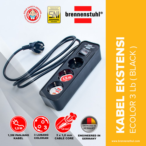 [EZM.2500585] Brennenstuhl Stop Kontak 3 Lubang Ecolor Switch 1,5 Meter Hitam / Stopkontak / Colokan Listrik / Terminal Listrik / Kabel Sambung / Colokan Sambung