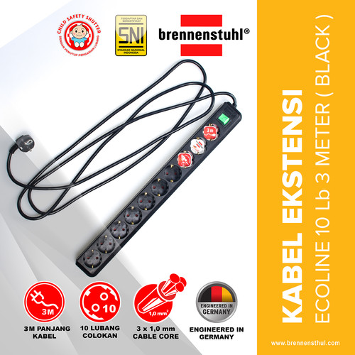 [EZM.2500586] Brennenstuhl Stop Kontak 10 Lubang Eco Line Switch 3 Meter Black / Stopkontak / Colokan Listrik / Terminal Listrik / Kabel Sambung / Colokan Sambung
