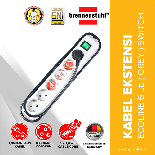 [EZM.2500588] Brennenstuhl Stop Kontak 6 Lubang Eco Line Switch 1,5 Meter Abu-Abu / Stopkontak / Colokan Listrik / Terminal Listrik / Kabel Sambung / Colokan Sambung