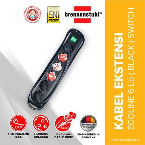 [EZM.2500589] Brennenstuhl Stop Kontak 6 Lubang Eco Line Switch 1,5 Meter Hitam / Stopkontak / Colokan Listrik / Terminal Listrik / Kabel Sambung / Colokan Sambung