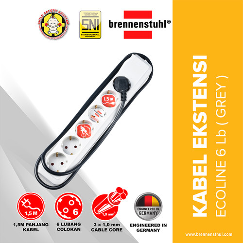 [EZM.2500590] Brennenstuhl Stop Kontak 6 Lubang Eco Line 1,5 Meter Abu-Abu / Stopkontak / Colokan Listrik / Terminal Listrik / Kabel Sambung / Colokan Sambung