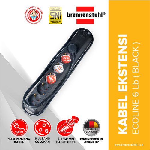 [EZM.2500591] Brennenstuhl Stop Kontak 6 Lubang Eco Line 1,5 Meter Hitam / Stopkontak / Colokan Listrik / Terminal Listrik / Kabel Sambung / Colokan Sambung