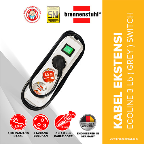 [EZM.2500592] Brennenstuhl Stop Kontak 3 Lubang Eco Line Switch 1,5 Meter Abu-Abu / Stopkontak / Colokan Listrik / Terminal Listrik / Kabel Sambung / Colokan Sambung