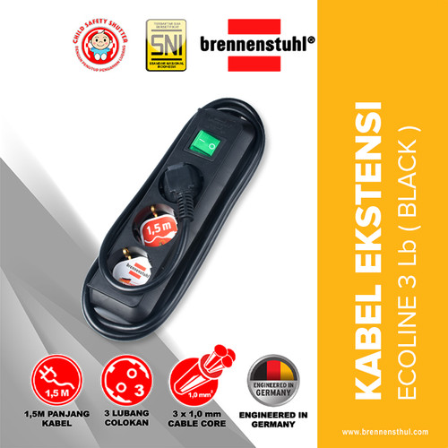 [EZM.2500593] Brennenstuhl Stop Kontak 3 Lubang Eco Line Switch 1,5 Meter Hitam / Stopkontak / Colokan Listrik / Terminal Listrik / Kabel Sambung / Colokan Sambung
