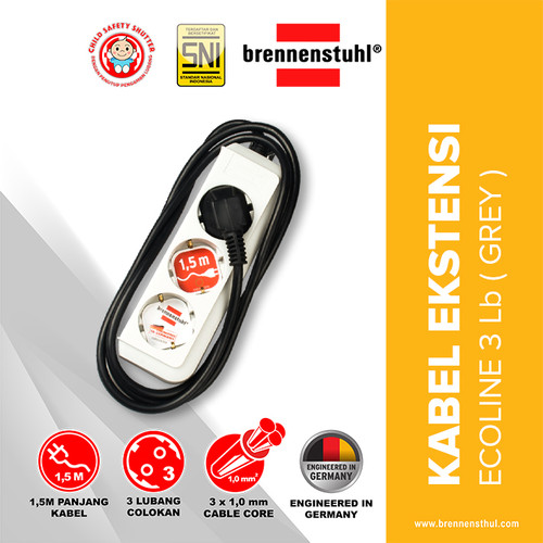 [EZM.2500595] Brennenstuhl Stop Kontak 3 Lubang Eco Line 1,5 Meter Abu-Abu / Stopkontak / Colokan Listrik / Terminal Listrik / Kabel Sambung / Colokan Sambung
