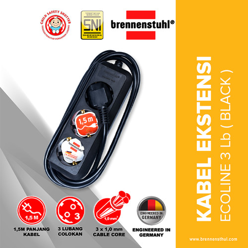 [EZM.2500596] Brennenstuhl Stop Kontak 3 Lubang Eco Line 1,5 Meter Hitam / Stopkontak / Colokan Listrik / Terminal Listrik / Kabel Sambung / Colokan Sambung