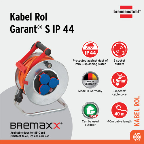 [EZM.2401164] Kabel Roll 3 Lubang Brennenstuhl Garant Cable Reel S IP44 3 Socket 40m / Colokan Listrik dengan Kabel Gulung 40 Meter - 1198470