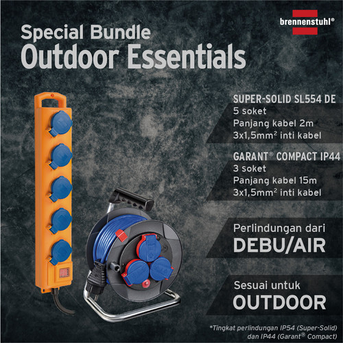 [EZM.2401188] Paket Promo Stop Kontak 5 Lubang 2m dan Kabel Rol 3 Lubang 15m Colokan Terminal Listrik Outdoor Brennenstuhl Bundle Waterproof- 1159900205/1079850