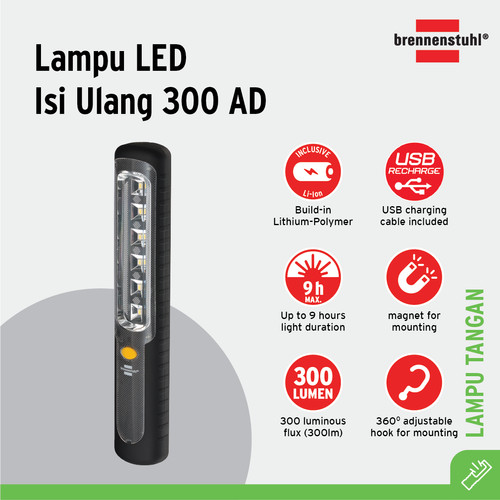 [EZM.2401199] Lampu Senter Tangan Brennenstuhl LED Isi Ulang Manual 300 AD / Lampu Penerangan dengan Magnet & Gantungan - 1178590100