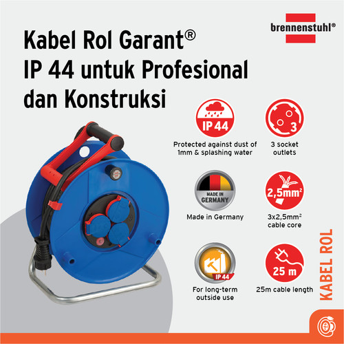 [EZM.2401207] Kabel Rol 3 Lubang Brennenstuhl Cable Reel Garant IP44 25m 3x2.5m Industrial Grade / Colokan Listrik 3 Socket dengan Kabel Gulung 25 Meter - 1208440